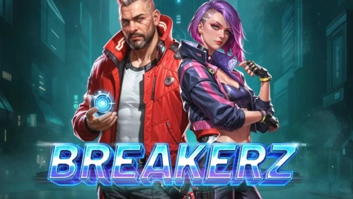 Cena futurista e neon do slot Breakerz com elementos de tecnologia cyberpunk